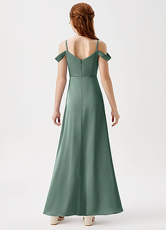 Azazie Ocean Junior Eucalyptus A-Line Off the Shoulder Stretch Satin Dress image7