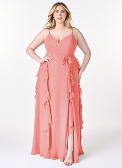 Azazie Peyton Bridesmaid Dresses Coral A-Line Ruched Chiffon Dress image7