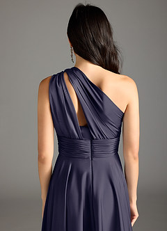 Azazie Charlize Robes de demoiselle d'honneur Robe Trapèze en Satin extensible Ue épaule Bleu Orageux image8