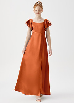 Azazie Bondi Junior Robe Trapèze en Satiné métallisé Fente Latérale Orange Brûlée image4