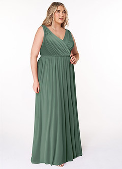 Azazie Tanicia Bridesmaid Dresses Eucalyptus A-Line V-Neck Pleated Mesh Dress image8