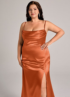 Azazie Saige Bridesmaid Dresses Burnt Orange Sheath Off the Shoulder Metallic Satin Convertible Dress image15