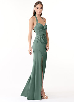 Azazie Emeria Bridesmaid Dresses Eucalyptus Mermaid Pleated Stretch Satin Dress image4