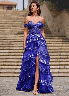 Glitz Blue Ruffled A-line Prom Dress image3