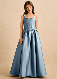 Azazie Enid Girls Formal Blomsterpigekjoler A-Line Perlebesat Stræk satin Gulv-længde Kjole image5