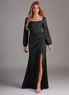 Azazie Charissa Bridesmaid Dresses Black Sheath Long Sleeve Stretch Satin Dress image1