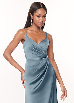 Azazie Maci Brautjungfernkleider A-Linie V-Hals Gefaltet Stretch-Satin Kleid Staubblau image5