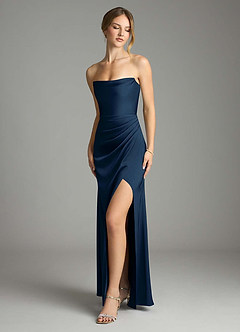 Azazie Leonis Bridesmaid Dresses Dark Navy Mermaid Pleated Stretch Satin Convertible Dress image1