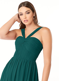 Azazie Dionne Vestidos de damas de honor Vestido de Pavo Real de Gasa de Corte en A con Corsé image6
