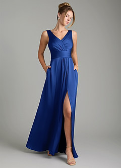 Azazie Karina Robes de demoiselle d'honneur Robe Trapèze en Satin extensible Plissée Bleu Roi image1