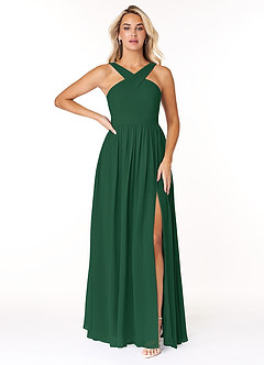Azazie Elvira Bridesmaid Dresses Dark Green A-Line Pleated Chiffon Dress image1