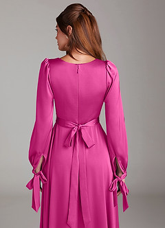 Azazie Leonia Abiti da Damigella Abito A-Line in Raso Elasticizzato Manica Lunga Fucsia image7