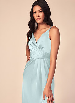 Azazie Aqua Bridesmaid Dresses Sea Glass A-Line V-Neck Pleated Stretch Satin Dress image6
