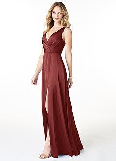 Azazie Nelly Brautjungfernkleider A-Linie Plissee mit V-Ausschnitt Stretch-Satin Kleid Terrakotta image3