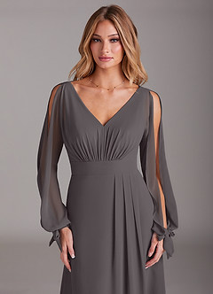 Azazie Matilda Bridesmaid Dresses Steel Grey A-Line Long Sleeve Chiffon Dress image6
