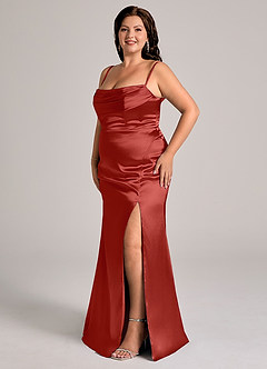 Azazie Saige Bridesmaid Dresses Rust Sheath Off the Shoulder Metallic Satin Convertible Dress image13