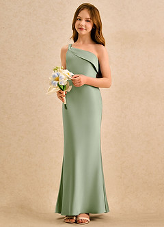 Azazie Almond Girls Formal Sukienki dla dziewczynek sypiących kwiaty Osłona Jedno ramię Satyna elastyczna Długość podłogi Sukienka image3