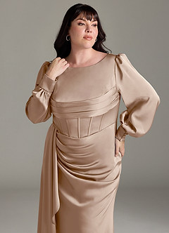 Azazie Raye Bridesmaid Dresses Taupe Mermaid Long Sleeve Stretch Satin Dress image11