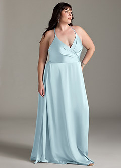 Azazie Davis Bridesmaid Dresses Cloud Blue A-Line Pleated Stretch Satin Dress image4