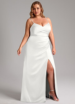 Azazie Azuree Abiti da Damigella Abito A-Line in Raso Elasticizzato Plissettato Bianco image4