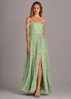 Azazie Calianna Jurken voor bruidsmeisjes Converteerbaar Jurk van Chiffon met A-Lijn Off the Shoulder Groene Varen Bloemen image3