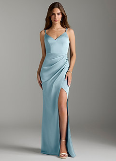 Azazie Leo Bridesmaid Dresses Moody Blue Sheath Pleated Stretch Satin Dress image1