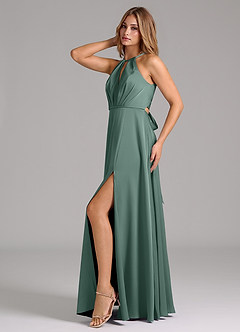 Azazie Evalleen Bridesmaid Dresses Eucalyptus A-Line Pleated Stretch Satin Dress image4