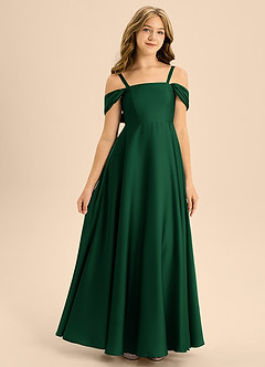 Azazie Rowena Junior Vestido de Verde Oscuro de Satén Elástico de Corte en A con Lazo image3