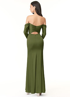 Azazie Hallie Bridesmaid Dresses Olive Sheath Off-The-Shoulder Long Sleeve Stretch Satin Convertible Dress image4