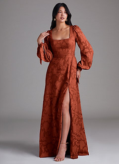 Azazie Leonia Robes de demoiselle d'honneur Robe Trapèze en Blumen-Burnout Manche longue Auburn image4