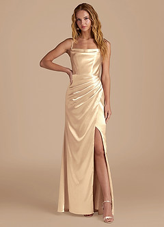 Azazie Marzia Bridesmaid Dresses Gold Mermaid Pleated Metallic Satin Dress image1