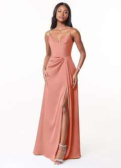 Azazie Brielle Bridesmaid Dresses Coral A-Line Cowl Spaghetti Straps Stretch Satin Dress image1