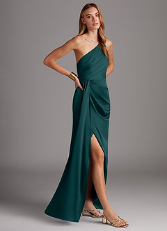 Azazie Mika Bridesmaid Dresses Pine Sheath One Shoulder Stretch Satin Dress image4