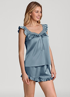 front Lace Ruffled Trim Wing Satin Pajama Set