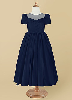 Azazie Anirra Flower Girl Dresses Dark Navy Ball-Gown Pleated Matte Satin Dress image8