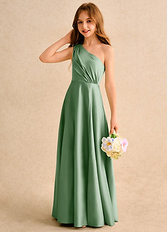 Azazie Puddles Girls Formal Flower Girl Dresses Matcha A-Line One Shoulder Matte Satin Dress image6