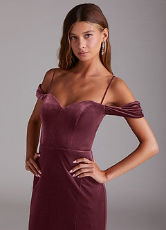 Azazie Shay Bridesmaid Dresses Raspberry Sheath Off the Shoulder Velvet Convertible Dress image2