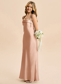 Azazie Willa Junior Vestido de Oro Rosa de Satén Elástico de Corte en A con Lazo image3