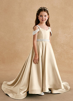 Azazie Jodi Abiti da Ragazza di Fiori Abito A-Line in Raso Opaco Champagne image3