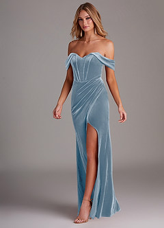 Azazie Jas Bridesmaid Dresses Dusty Blue Sheath Off-The-Shoulder Corset Velvet Convertible Dress image3