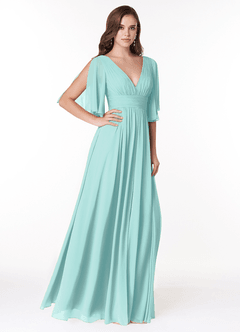 Azazie Temeka Bridesmaid Dresses Aqua A-Line Ruched Chiffon Dress image4