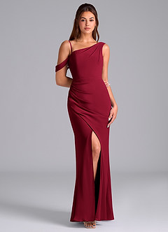 Azazie Madelyn Robes de demoiselle d'honneur Robe Sirène Convertible en Mousseline de soie Ue épaule Bourgogne image3