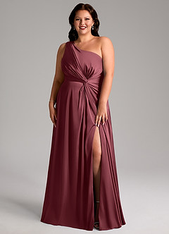 Azazie Brooke Robes de demoiselle d'honneur Robe Trapèze en Satin extensible Ue épaule Merlot image8
