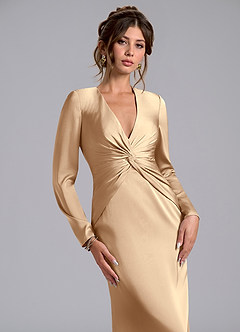 Azazie Valerie Bridesmaid Dresses Champagne Mermaid Long Sleeve Stretch Satin Dress image5