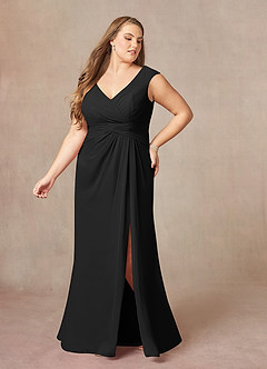 Azazie Sally At-home Try On Dresses Black A-Line V-Neck Pleated Chiffon Dress image9