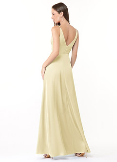Azazie Dalilah Jurken voor bruidsmeisjes Jurk van Stretch Satijn met A-Lijn V-hals Gevouwen Citroensorbet image2