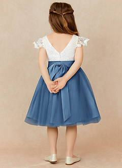 Azazie Vetty Flower Girl Dresses Ivory Steel Blue A-Line Lace Tulle Dress image2