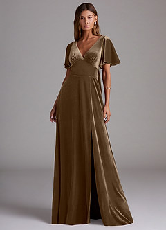 Azazie Kimber Bridesmaid Dresses Mahogany A-Line with Pockets Velvet Dress image4