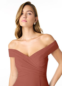 Azazie Lecia Bridesmaid Dresses Auburn Empire Off-The-Shoulder Pleated Chiffon Convertible Dress image6