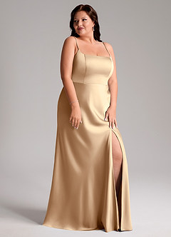 Azazie Lidia Vestidos de damas de honor Vestido de Champán de Satén Elástico de Corte Sirena con Corte Lateral image5